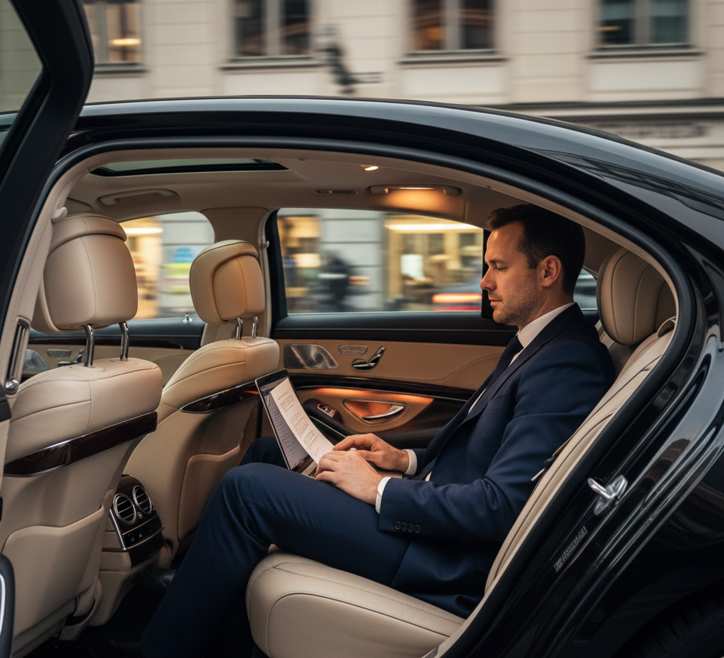 Executive private driver opening Mercedes door for business client in Zurich — business chauffeur service