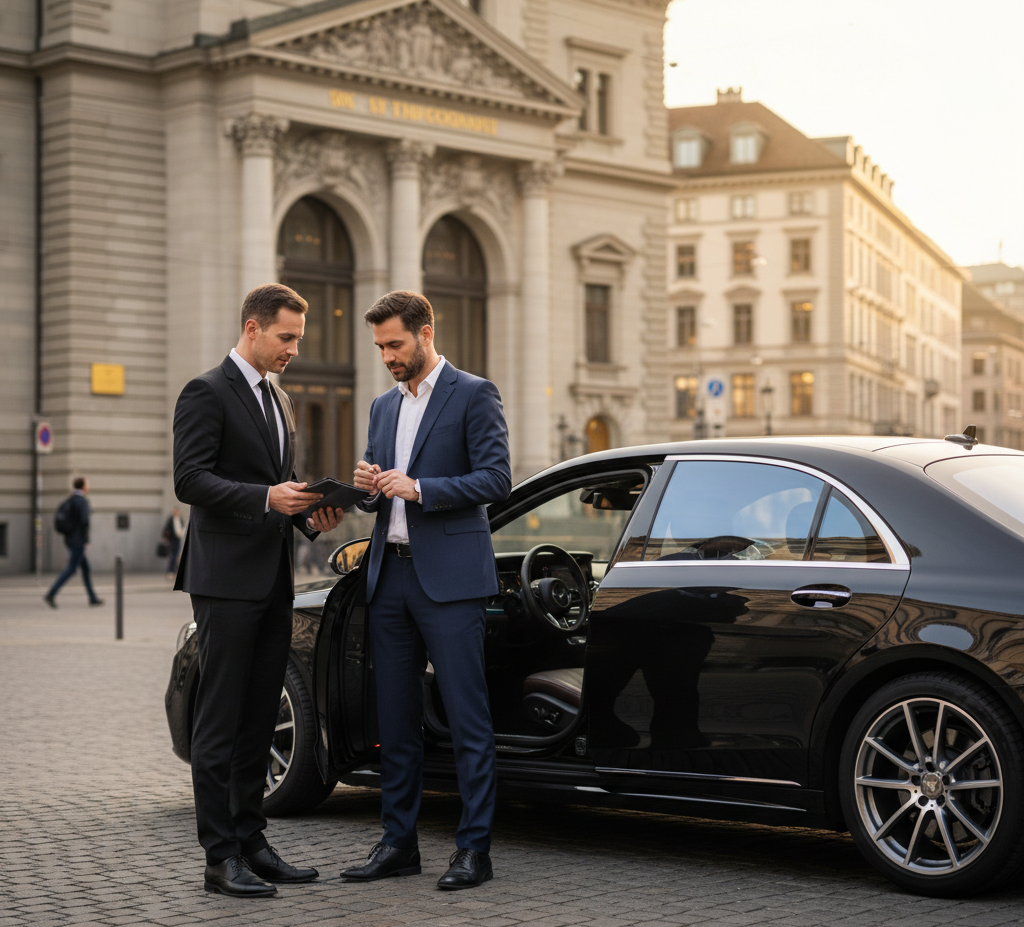 Dedicated chauffeur for executive roadshow service in Switzerland — Mercedes limousine