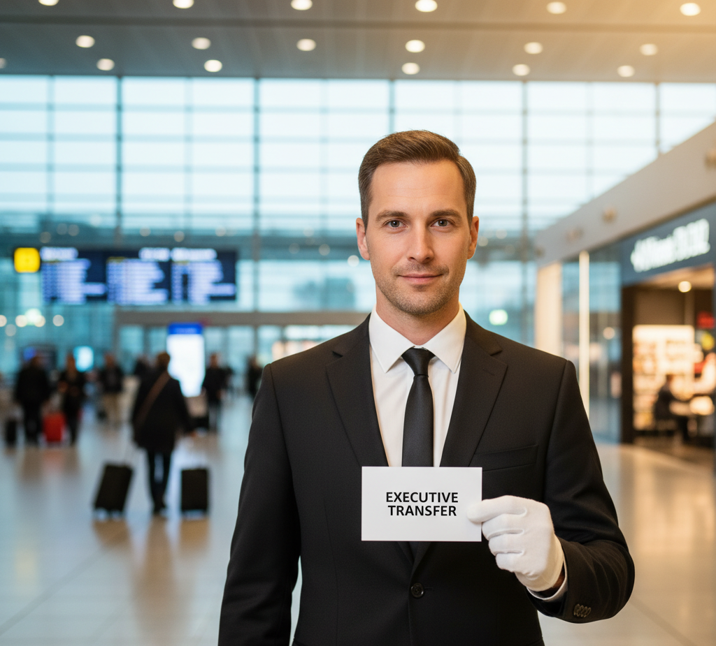 VIP meet and greet service at Zurich Airport — private chauffeur with name sign